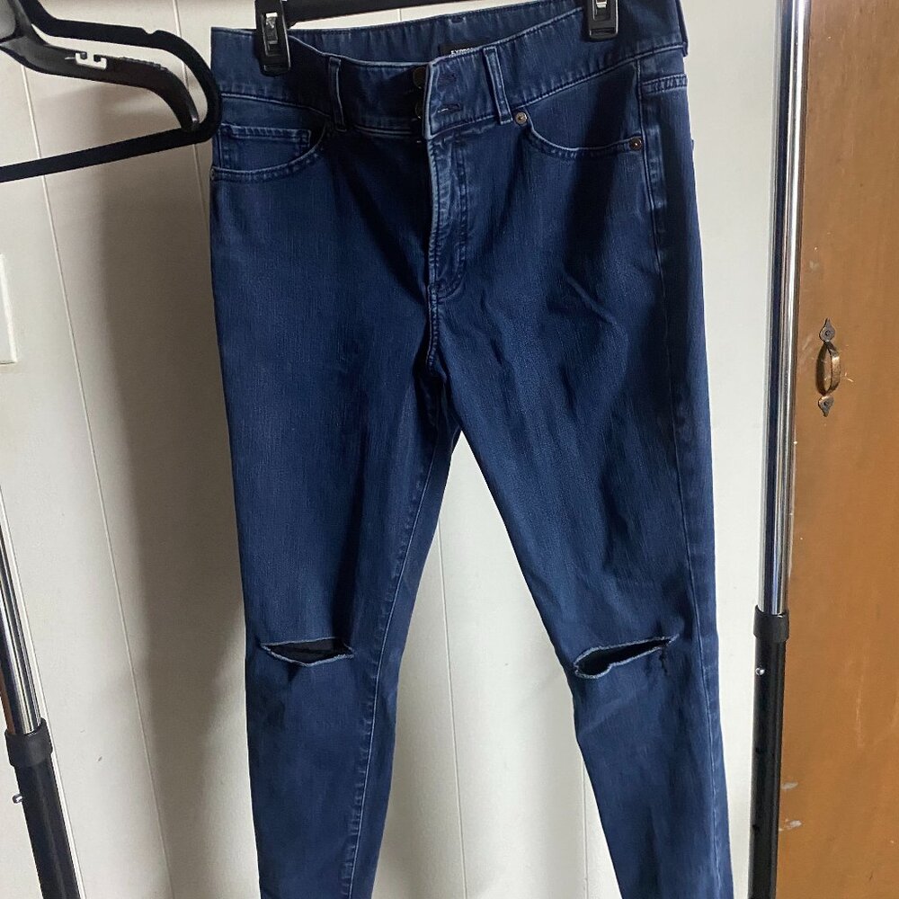 Express Womens Skinny High Rise Blue Jeggings with Knee Rips